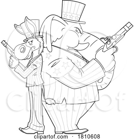 Dueling Democratc Donkey and Republican Elephant Black and White Clipart Cartoon by Hit Toon