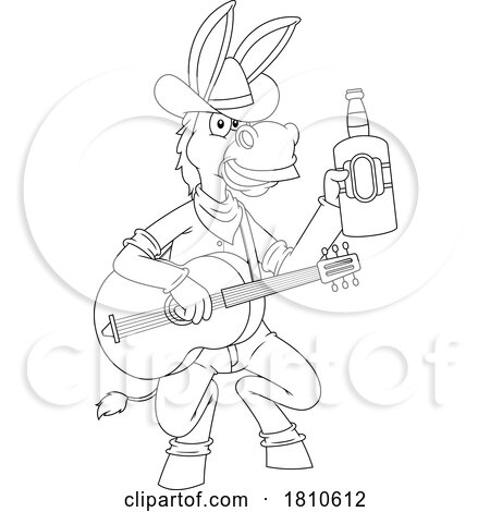 Cowboy Musician Donkey Mascot Black and White Clipart Cartoon by Hit Toon
