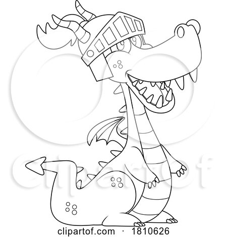 Dragon Wearing a Helmet Black and White Clipart Cartoon by Hit Toon