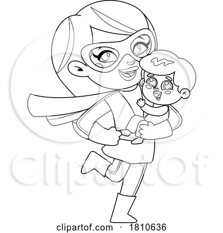 Super Mom and Son Black and White Clipart Cartoon by Hit Toon