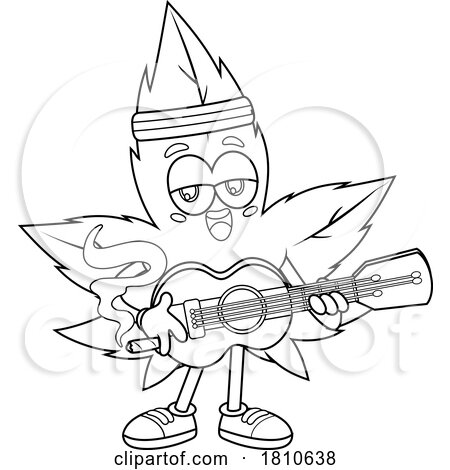 Pot Leaf Mascot Playing the Guitar Black and White Clipart Cartoon by Hit Toon