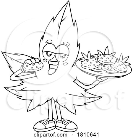 Pot Leaf Mascot Eating Cookies Black and White Clipart Cartoon by Hit Toon