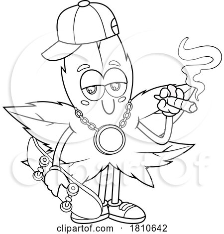 Skater Pot Leaf Mascot Black and White Clipart Cartoon by Hit Toon