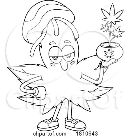 Rasta Pot Leaf Mascot with a Plant Black and White Clipart Cartoon by Hit Toon