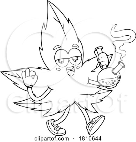 Pot Leaf Mascot with a Bong Black and White Clipart Cartoon by Hit Toon
