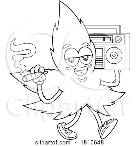 Pot Leaf Mascot with a Boombox Black and White Clipart Cartoon by Hit Toon