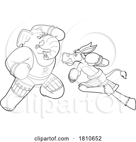 Fighting Republican Elephant and Democratic Donkey Black and White Clipart Cartoon by Hit Toon