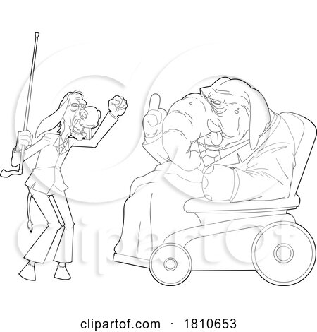 Old Republican Elephant and Democratic Donkey Fighting Black and White Clipart Cartoon by Hit Toon