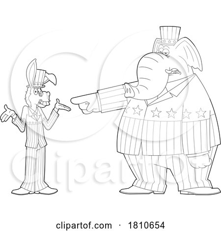 Republican Elephant and Democratic Donkey Debating Black and White Clipart Cartoon by Hit Toon