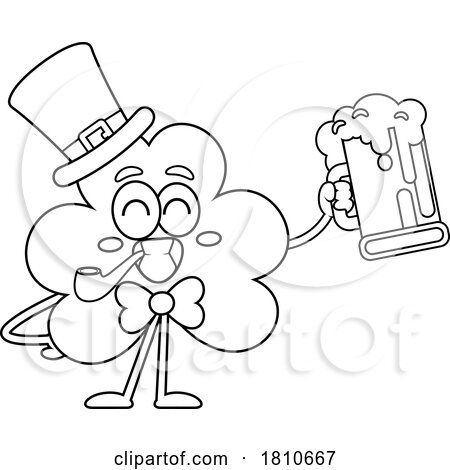 Shamrock Mascot with a Pipe and Beer Black and White Clipart Cartoon by Hit Toon