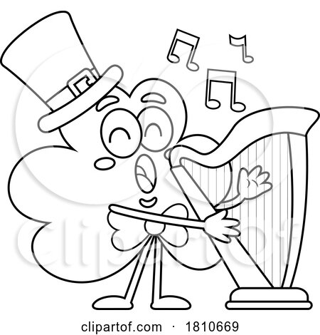 Shamrock Mascot Playing a Harp Black and White Clipart Cartoon by Hit Toon