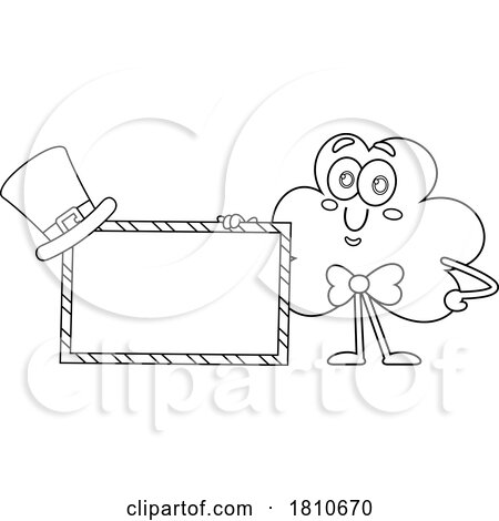 Shamrock Mascot by a Sign Black and White Clipart Cartoon by Hit Toon
