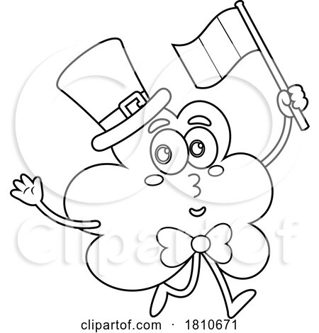 Shamrock Mascot with an Irish Flag Black and White Clipart Cartoon by Hit Toon