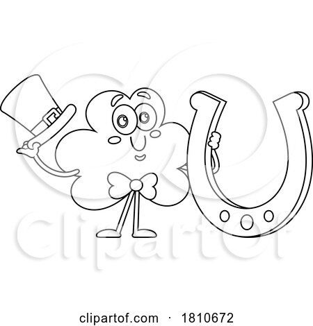 Shamrock Mascot with a Lucky Horseshoe Black and White Clipart Cartoon by Hit Toon
