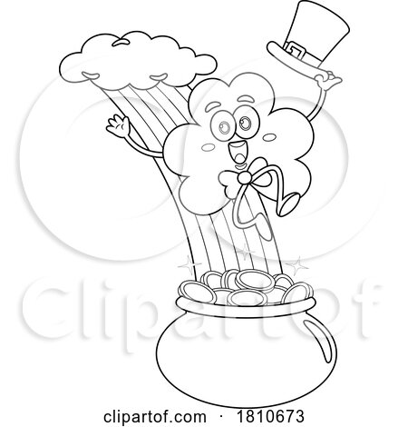 Shamrock Mascot Sliding down a Rainbow to a Pot of Gold Black and White Clipart Cartoon by Hit Toon
