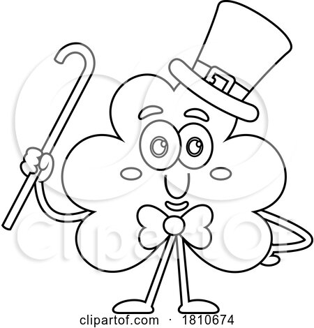 Shamrock Mascot with a Cane Black and White Clipart Cartoon by Hit Toon