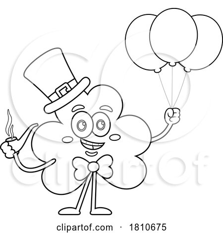 Shamrock Mascot with Irish Balloons Black and White Clipart Cartoon by Hit Toon
