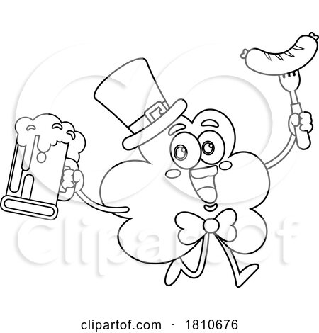 Shamrock Mascot with a Sausage and Beer Black and White Clipart Cartoon by Hit Toon