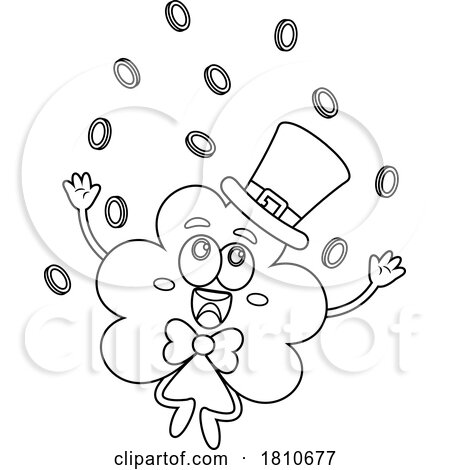 Coins Raining down on a Shamrock Mascot Black and White Clipart Cartoon by Hit Toon
