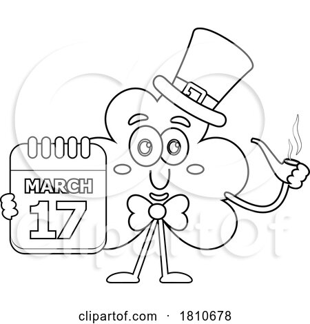 Shamrock Mascot with March 17 Calendar Black and White Clipart Cartoon by Hit Toon