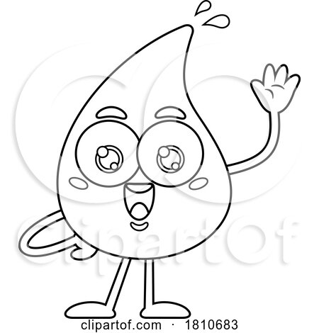 Water Drop Mascot Waving Black and White Clipart Cartoon by Hit Toon