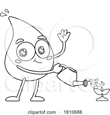 Water Drop Mascot Watering a Plant Black and White Clipart Cartoon by Hit Toon