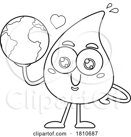 Water Drop Mascot Holding Earth Black and White Clipart Cartoon by Hit Toon