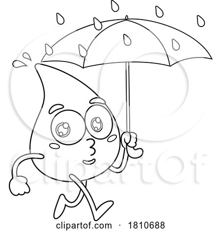 Water Drop Mascot with an Umbrella Black and White Clipart Cartoon by Hit Toon