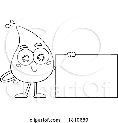 Water Drop Mascot with a Sign Black and White Clipart Cartoon by Hit Toon