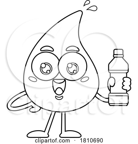Water Drop Mascot with a Bottle Black and White Clipart Cartoon by Hit Toon
