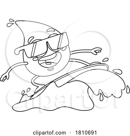 Water Drop Mascot Surfing Black and White Clipart Cartoon by Hit Toon