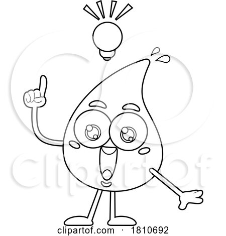 Water Drop Mascot with an Idea Black and White Clipart Cartoon by Hit Toon