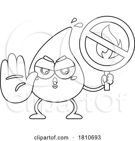 Water Drop Mascot with a No Fire Sign Black and White Clipart Cartoon by Hit Toon