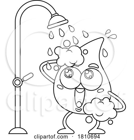 Water Drop Mascot Showering Black and White Clipart Cartoon by Hit Toon