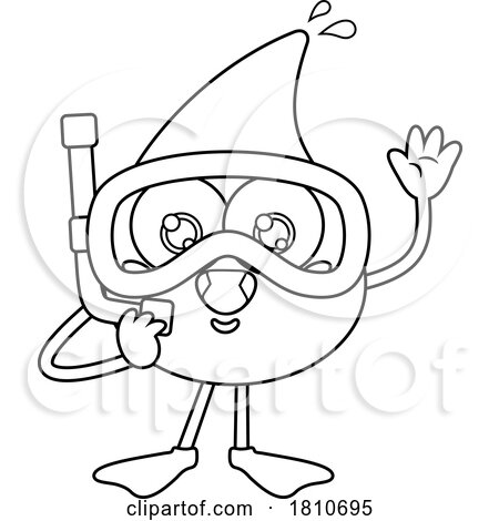 Water Drop Mascot Snorkeler Black and White Clipart Cartoon by Hit Toon
