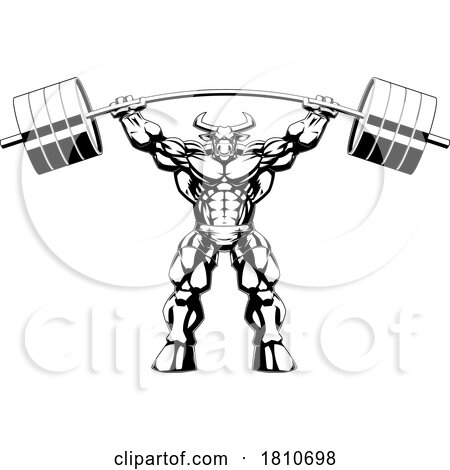 Ripped Bull Mascot Holding up a Barbell Licensed Black And White Clipart Cartoon by Hit Toon