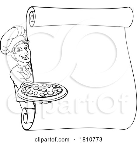 Pizza Chef Cartoon Man Scroll Menu Sign Background by AtStockIllustration