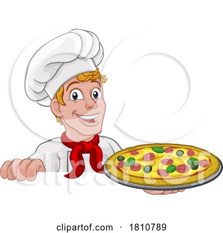 Chef Pizza Cook Cartoon Man Peeking over Sign by AtStockIllustration