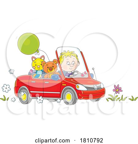 Cartoon Clipart Boy Driving a Car with Toys by Alex Bannykh