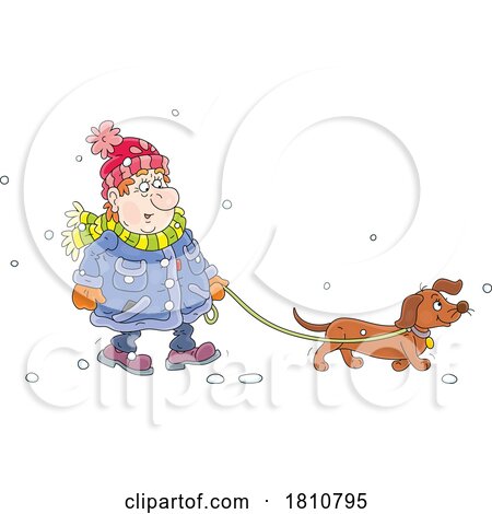 Cartoon Clipart Chubby Man Walking a Dog in the Snow by Alex Bannykh