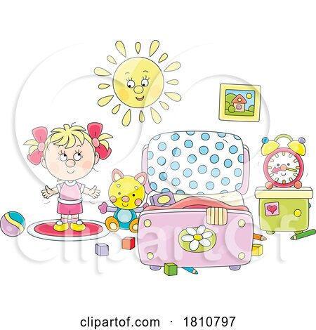 Cartoon Clipart Girl Playing in Her Room by Alex Bannykh