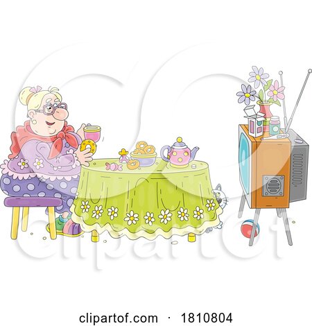 Cartoon Clipart Grandma Eating Donuts and Watching TV by Alex Bannykh