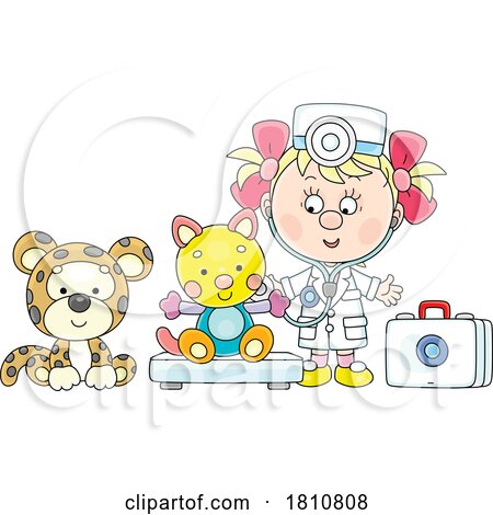 Cartoon Clipart Girl Playing Nurse and Weighing Her Toy by Alex Bannykh
