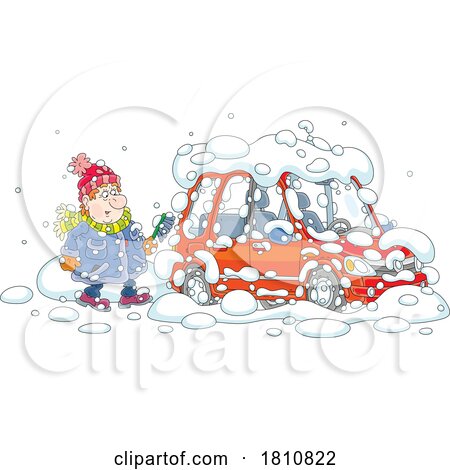 Cartoon Clipart Chubby Man Brushing Snow off of His Car by Alex Bannykh