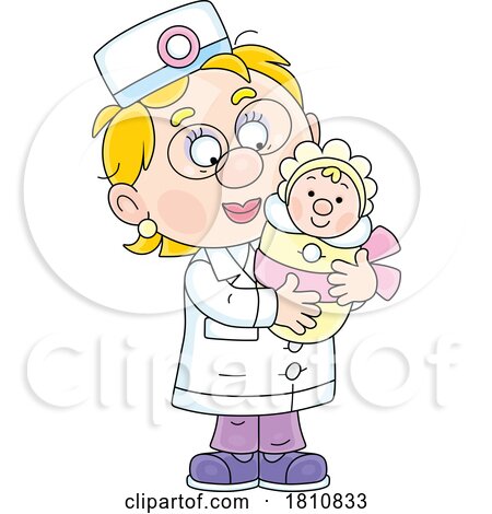Cartoon Clipart Doctor or Nurse Holding a Baby by Alex Bannykh