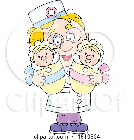 Cartoon Clipart Doctor or Nurse Holding Babies by Alex Bannykh