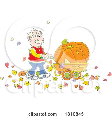 Cartoon Clipart Grandpa Pushing a Pumpkin in a Wheelbarrow by Alex Bannykh