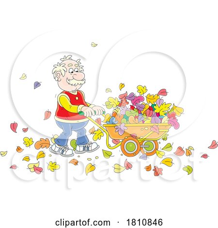 Cartoon Clipart Grandpa Pushing a Wheelbarrow of Autumn Leaves by Alex Bannykh