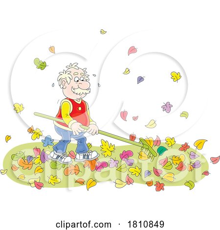 Cartoon Clipart Grandpa Raking Leaves by Alex Bannykh
