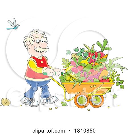 Cartoon Clipart Grandpa Pushing a Wheelbarrow of Produce by Alex Bannykh